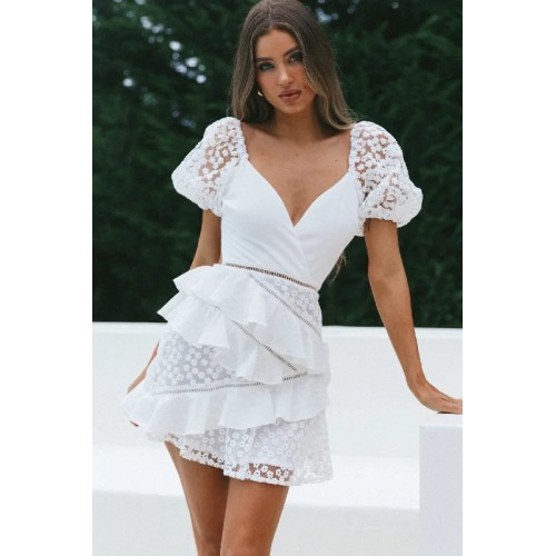 Taurus Floral Embroidery Puff Sleeve Dress White