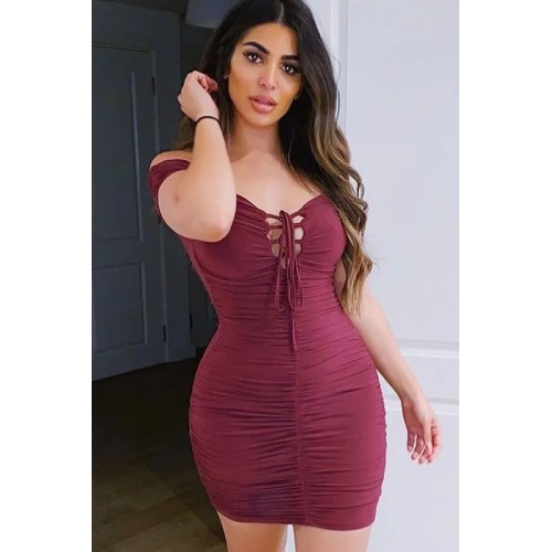 Wine Ruched Slinky Lace Up Dress - Rosina