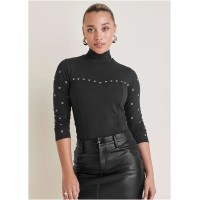 Grommet Mock Neck Top - Black