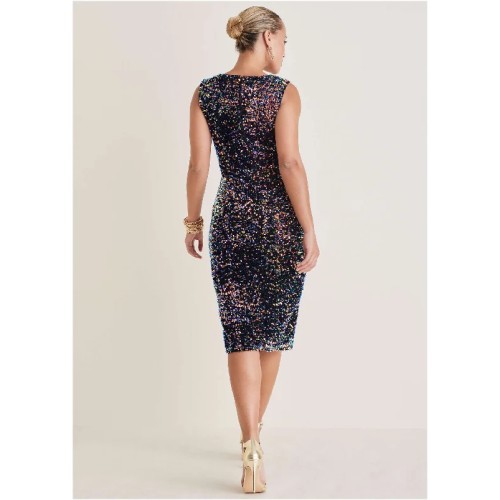 Plunge Sequin Midi Dress - Fantasy Sequins