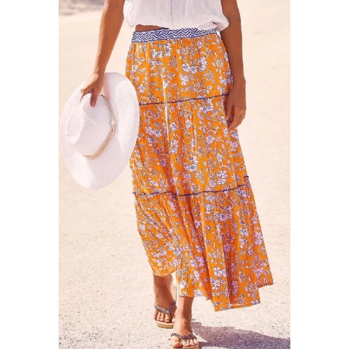 Becks Block Print Skirt | Japanese Flower Orange/Cobalt