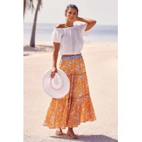 Becks Block Print Skirt | Japanese Flower Orange/Cobalt