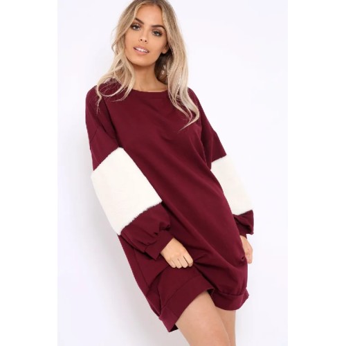 Wine Jumper Dress with Fur Sleeves - Paris