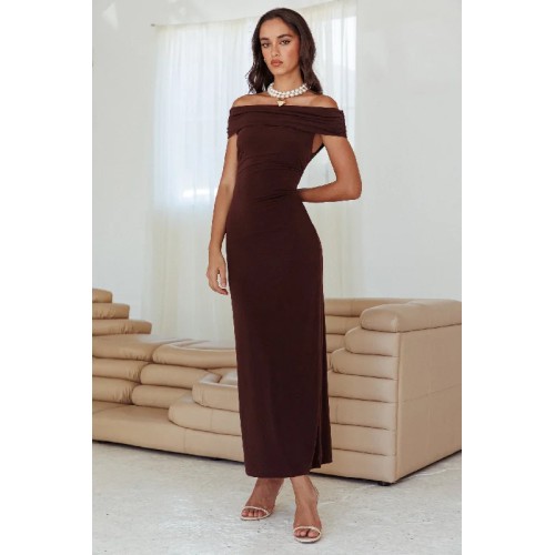 Cruising Sunset Off Shoulder Dress Chocolate