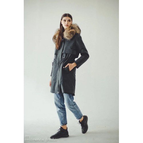 Rabbit Fur Parka Coat (Black)