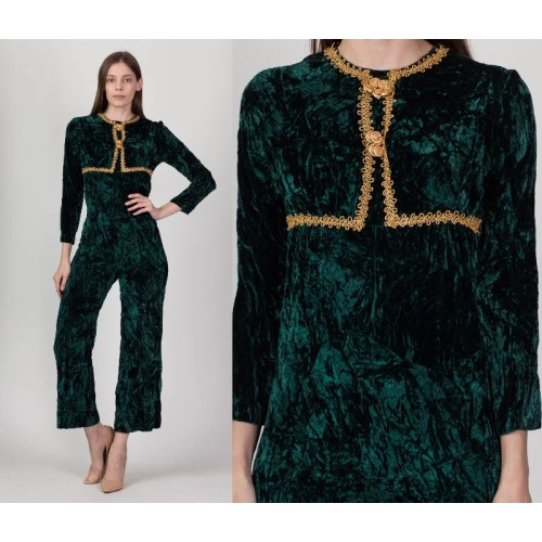 60s Green & Gold Crushed Velvet Jumpsuit - Petite Small