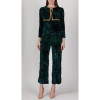 60s Green & Gold Crushed Velvet Jumpsuit - Petite Small