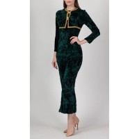 60s Green & Gold Crushed Velvet Jumpsuit - Petite Small