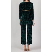 60s Green & Gold Crushed Velvet Jumpsuit - Petite Small