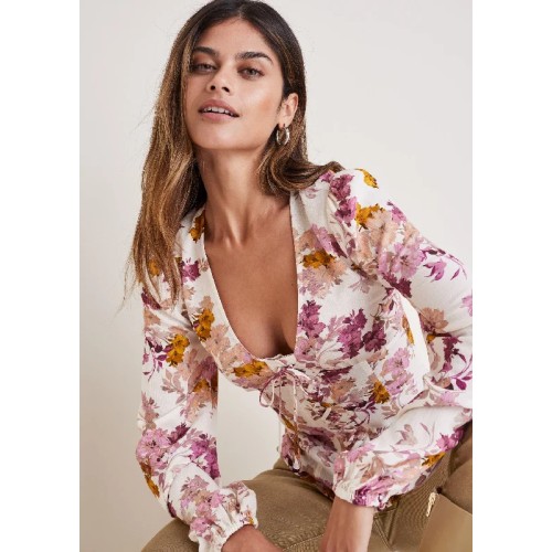 Deep V Lace Up Top - Autumn Bouquet