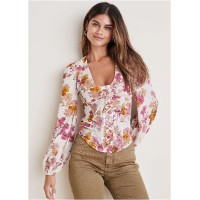 Deep V Lace Up Top - Autumn Bouquet