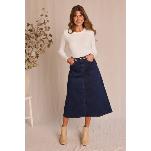 Adrift Denim A-Line Skirt in Dark Wash