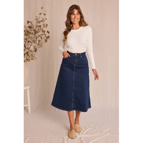 Adrift Denim A-Line Skirt in Mid Wash