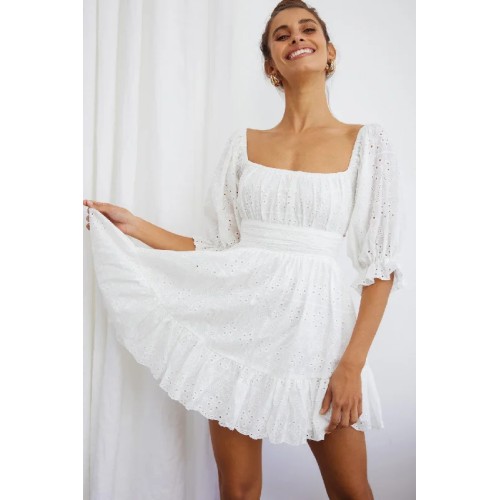 Abby Off-Shoulder Tie-Up Back Dress Eyelet Embroidery Dress White