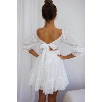 Abby Off-Shoulder Tie-Up Back Dress Eyelet Embroidery Dress White