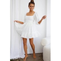 Abby Off-Shoulder Tie-Up Back Dress Eyelet Embroidery Dress White