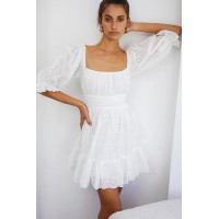 Abby Off-Shoulder Tie-Up Back Dress Eyelet Embroidery Dress White