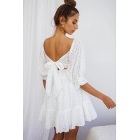 Abby Off-Shoulder Tie-Up Back Dress Eyelet Embroidery Dress White