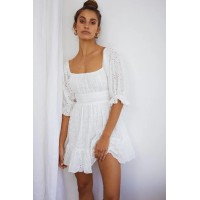 Abby Off-Shoulder Tie-Up Back Dress Eyelet Embroidery Dress White