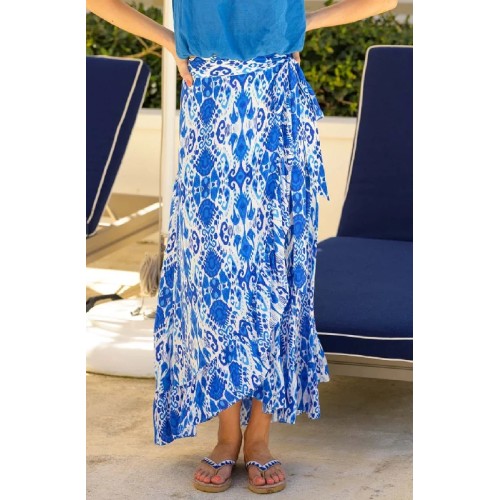 April EcoVero™ Wrap Skirt | Ikat Blue/White