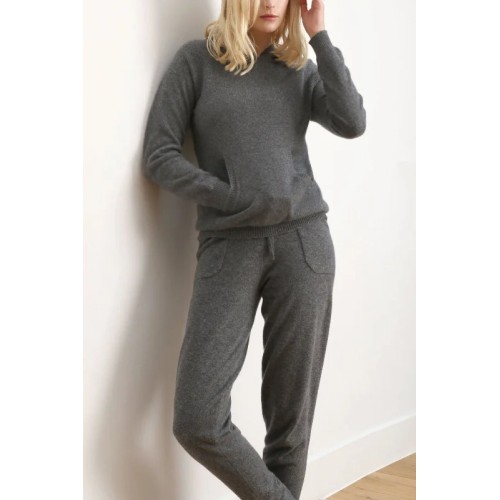 Women's cashmere tracksuit joggers, sweatpants, lounge bottoms in mid grey