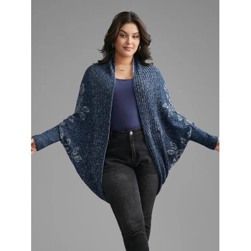 Floral Jacquard Batwing Sleeve Arc Hem Cardigan