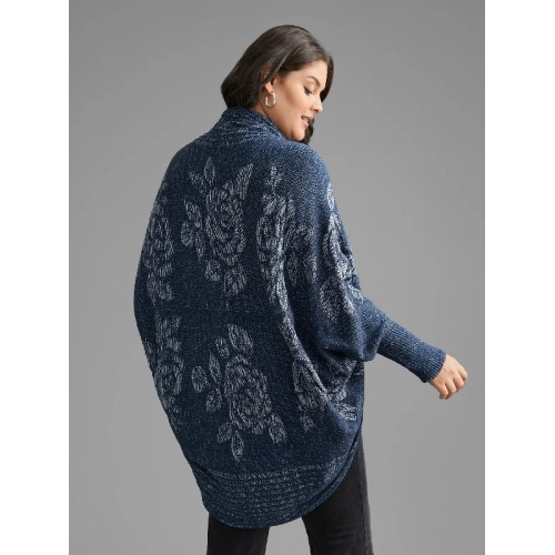 Floral Jacquard Batwing Sleeve Arc Hem Cardigan