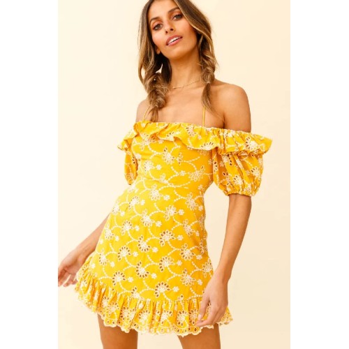 Up Front Puff Sleeve String-Tie Halterneck Embroidery Dress Yellow