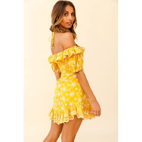 Up Front Puff Sleeve String-Tie Halterneck Embroidery Dress Yellow