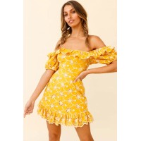 Up Front Puff Sleeve String-Tie Halterneck Embroidery Dress Yellow