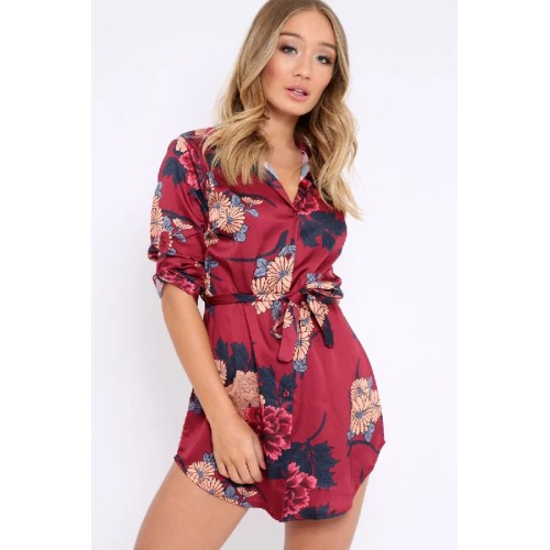 Wine Floral Satin Shirt Tie Dress - Sophina