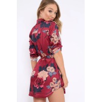 Wine Floral Satin Shirt Tie Dress - Sophina