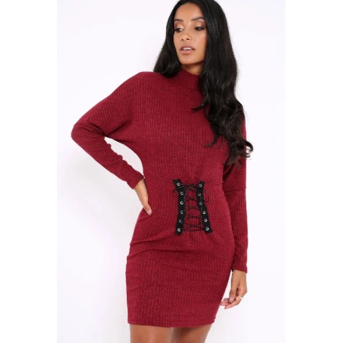 Wine High Neck Corset Front Ribbed Jumper Dress - Miah