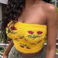 Fluffy Cherry Intarsia Pattern Ribbed Knit Cropped Tube Top