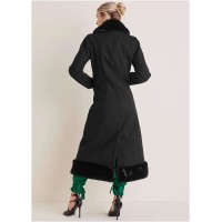 Faux-Fur Trim Long Coat - Black