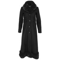 Faux-Fur Trim Long Coat - Black