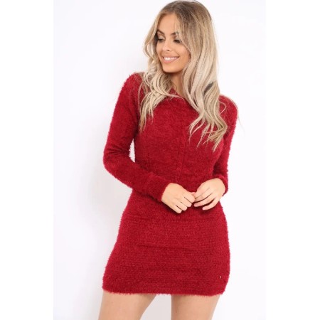 Wine Soft Fur Knit Jumper Dress - Beck