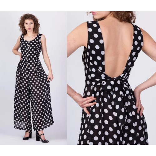 70s 80s Sheer Black & White Polka Dot Jumpsuit - Medium