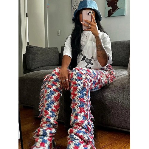 Knit Colorful Plaid Pants Women Fall Trend Skinny Stretch Side Furry Casual Trousers