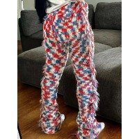 Knit Colorful Plaid Pants Women Fall Trend Skinny Stretch Side Furry Casual Trousers