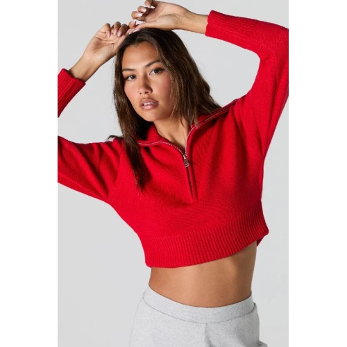 Ribbed Knit Quarter Zip Cropped Sweater