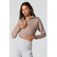 Ribbed Knit Quarter Zip Cropped Sweater