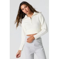 Ribbed Knit Quarter Zip Cropped Sweater