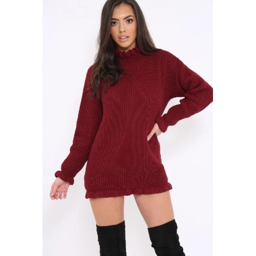 Wine Knitted Ruffle Jumper Dress with Elasticated hems - Velma