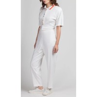 80s White Striped Collared Jumpsuit - Large