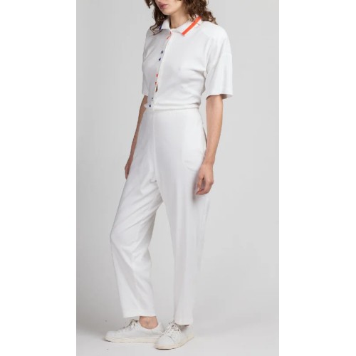 80s White Striped Collared Jumpsuit - Large