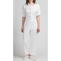 80s White Striped Collared Jumpsuit - Large