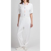 80s White Striped Collared Jumpsuit - Large