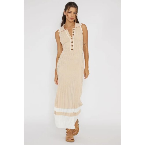 Cayla Button-Up Ribbed Knit Dress Sand