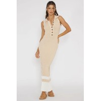 Cayla Button-Up Ribbed Knit Dress Sand